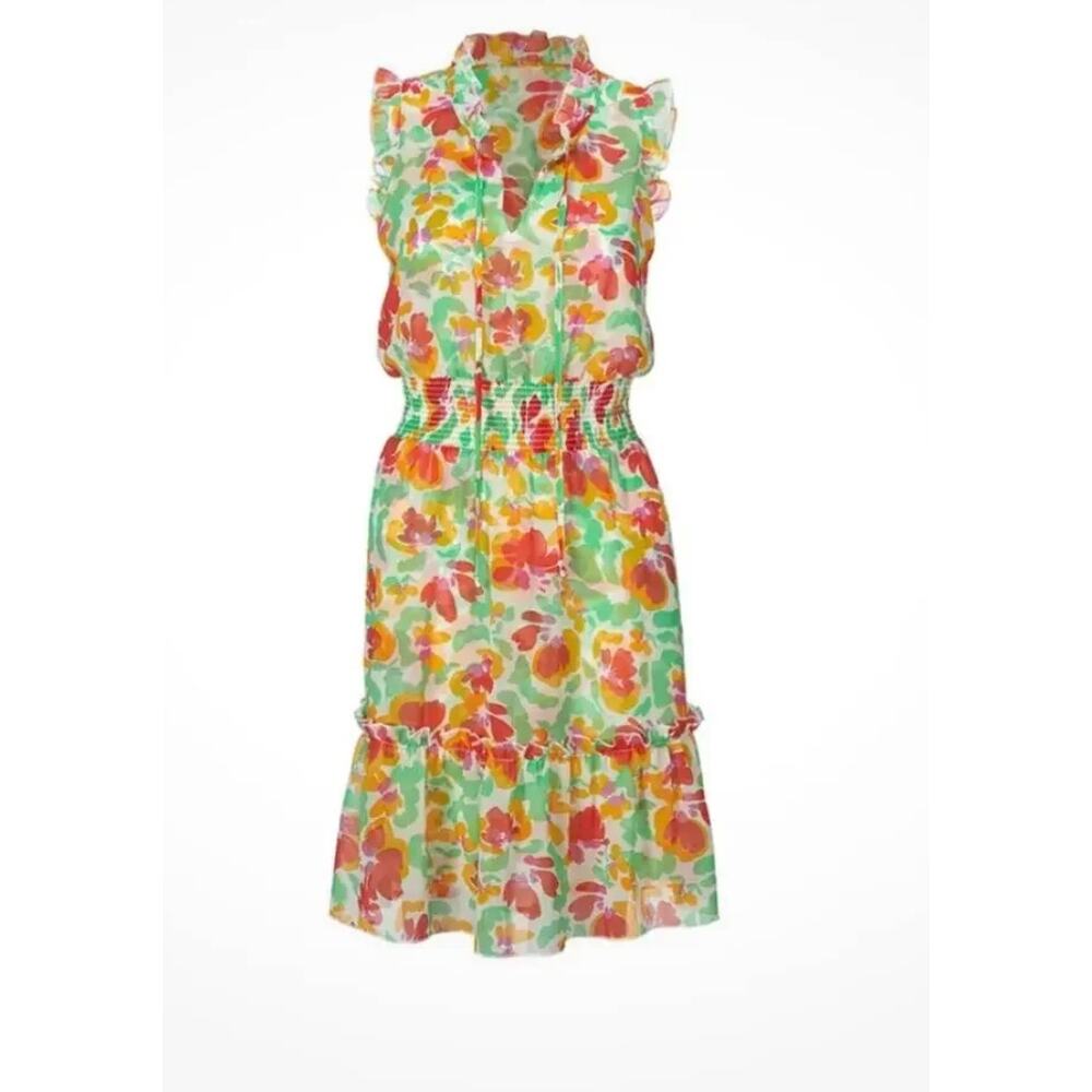 Cabi Spirit Mini Dress Floral Smocked Waist Ruffle Tiered Boho Chic #6216 XL